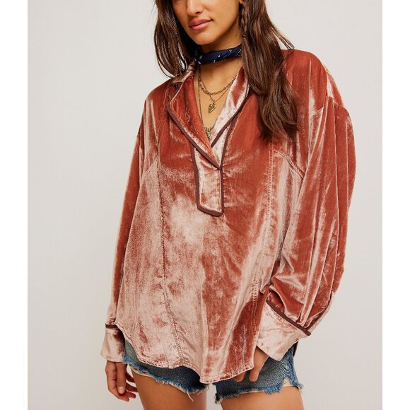 Free People Tops - FREE PEOPLE We The Free Luxy Solid Velvet Shirt / Cedar Wood